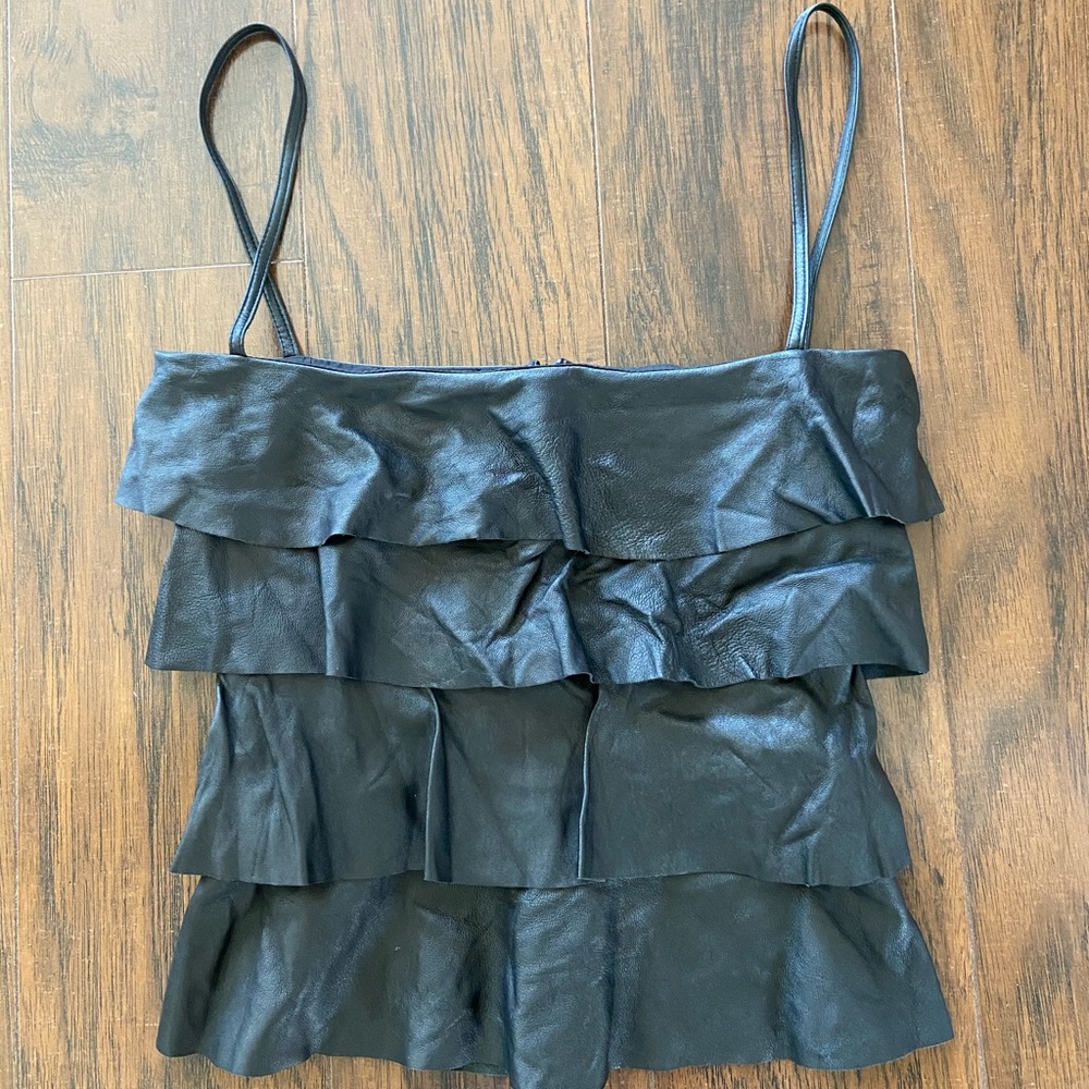 Chaiken black leather ruffles top sz 2